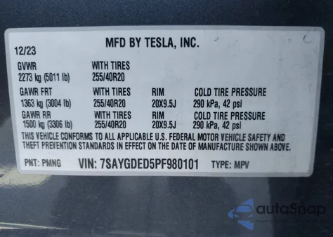 2023 Tesla Model Y Rwd из США, поврежденный, VIN 7SAYGDED5PF980101